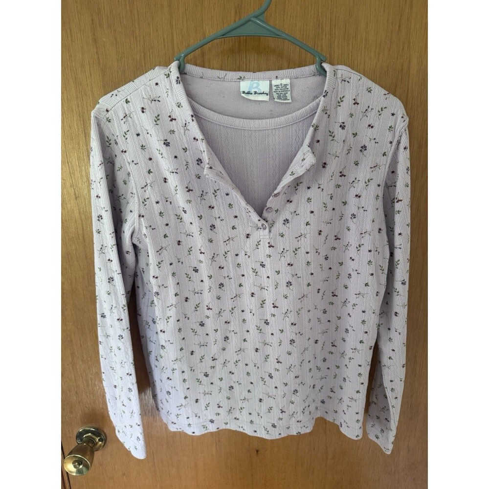 Bobbie Brooks Pointelle Floral Henley Top Womens Small Purple Long Sleeve Y2K
